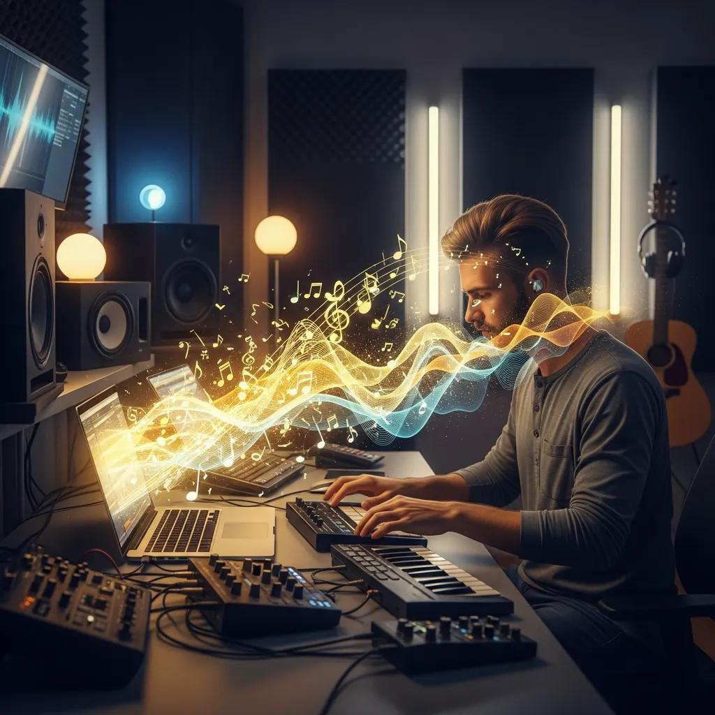 Musician composing a catchy jingle in a studio, surrounded by musical notes and sound waves