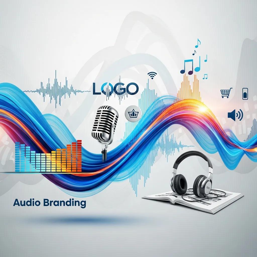 Visual representation of audio branding elements including sound waves and logos, illustrating strategic advantages