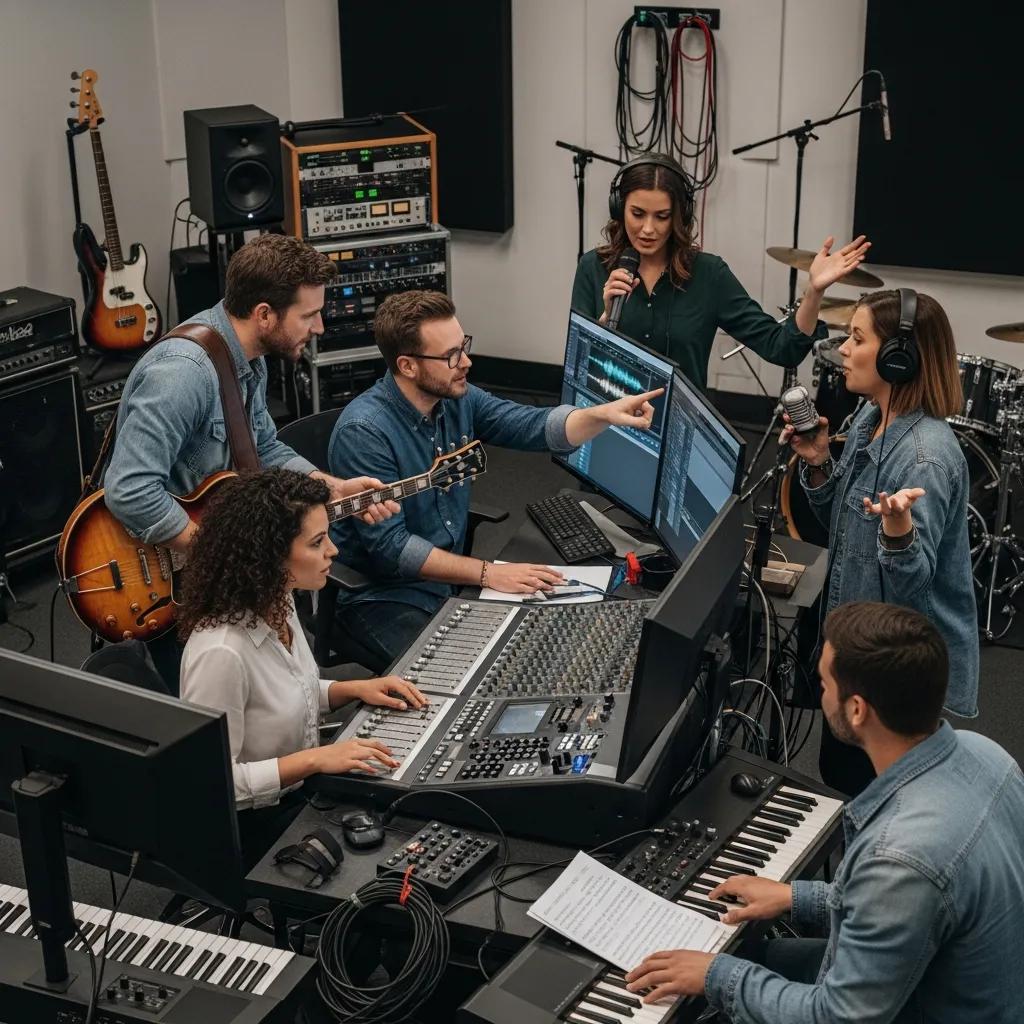 Team collaborating in a music studio on custom jingle creation, showcasing audio branding strategies with instruments and sound equipment.