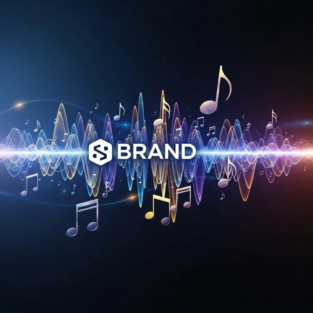 Sound waves with musical notes and the word "BRAND" integrated, symbolizing the concept of custom audio branding and its long-term value for marketing strategies.