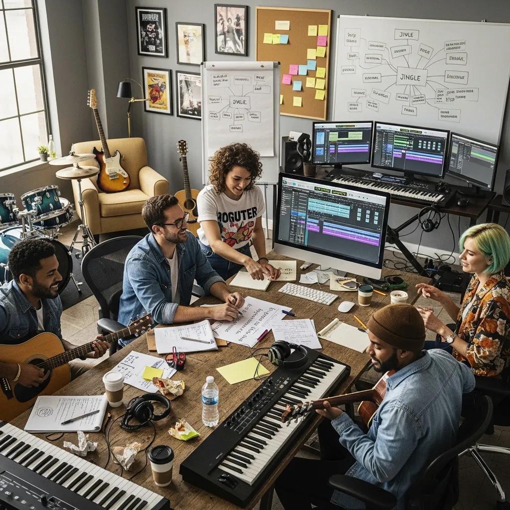 Creative workspace for custom jingle creation featuring musicians collaborating with instruments, notes, and digital audio software, emphasizing brand recognition and advertising impact.