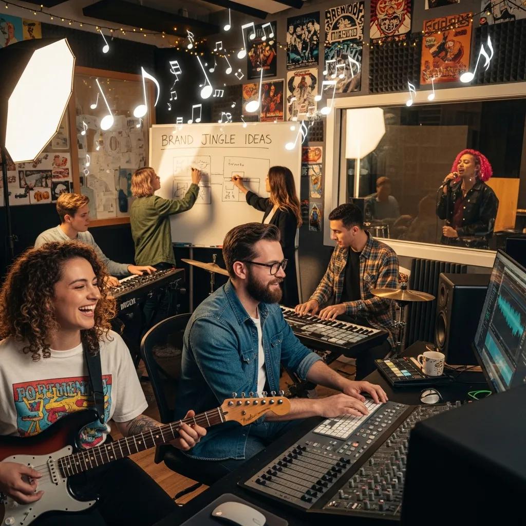 Group of diverse individuals collaborating in a creative workspace, brainstorming brand jingle ideas, with musical instruments and production equipment, illustrating the impact of custom jingles on brand engagement.