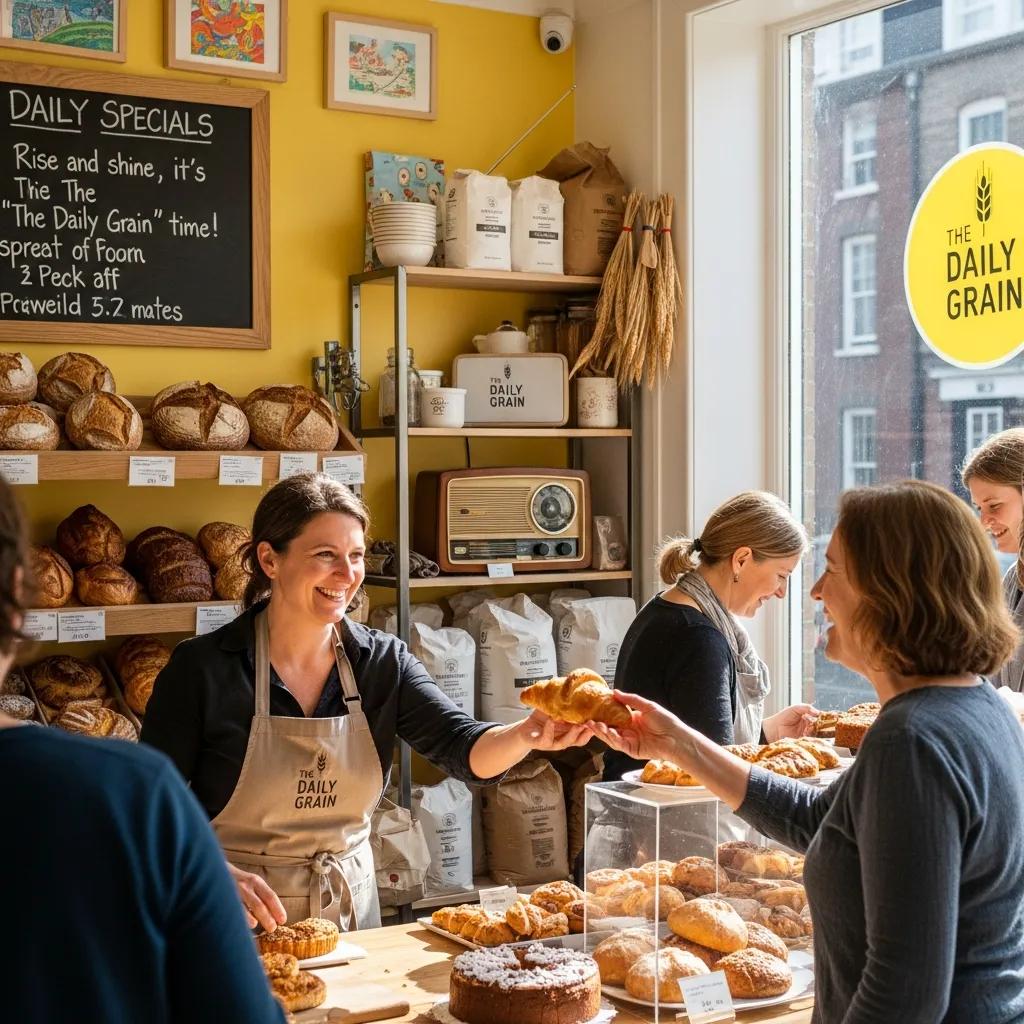 Local bakery staff engaging with customers, showcasing fresh pastries and bread, vibrant yellow interior, emphasizing customer interaction and community atmosphere.