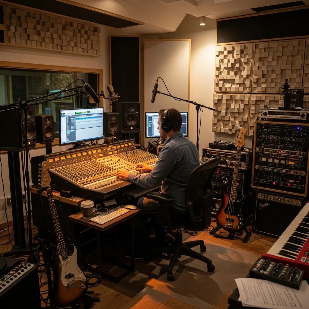 Sound engineer working in a professional studio, mixing audio on a large console with computers and musical instruments visible, illustrating the jingle production process for brand identity and audience engagement.